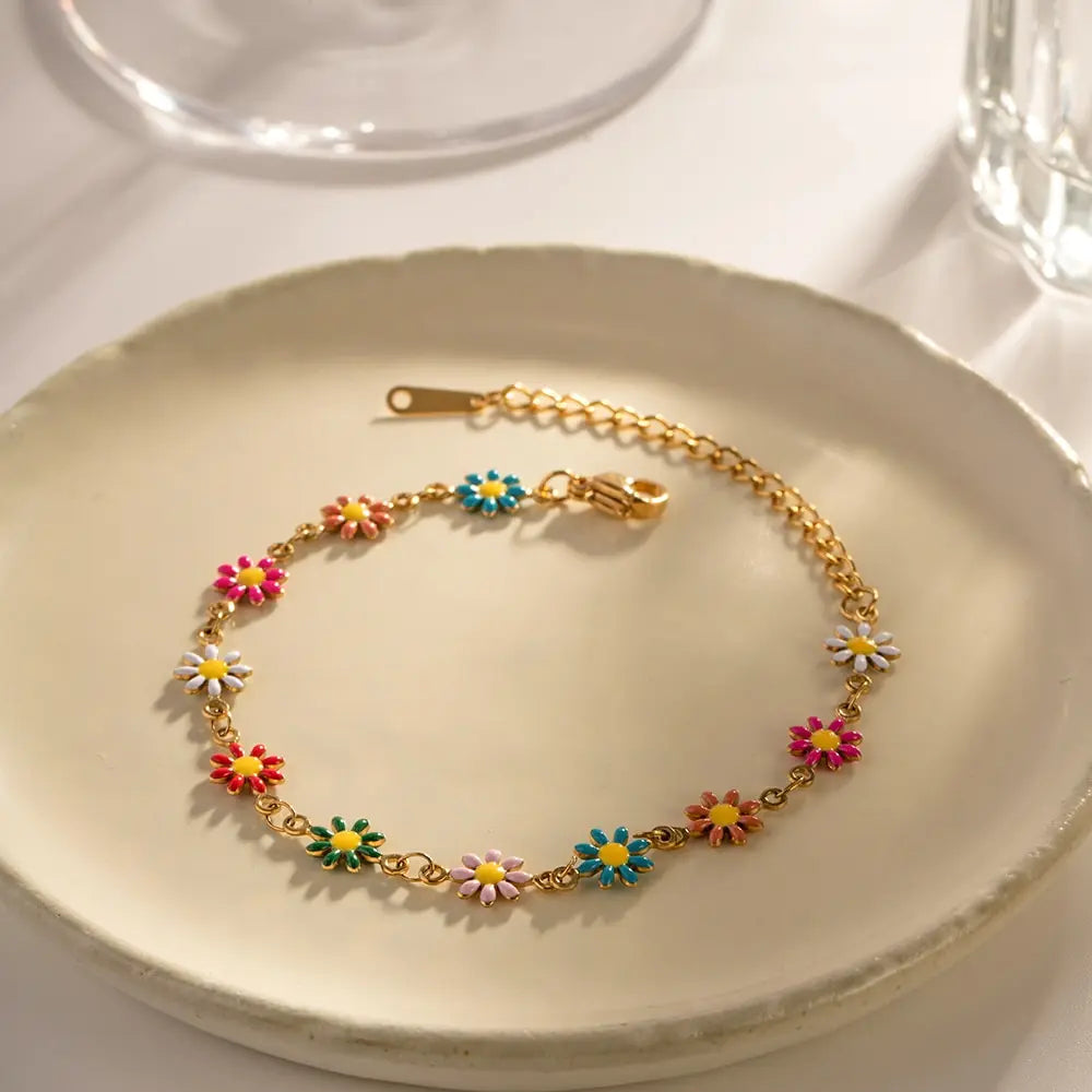 Bunte Daisy Armband für Frauen, vergoldet mit PVD 18K, modischer Schmuck für Verlobung und Hochzeit