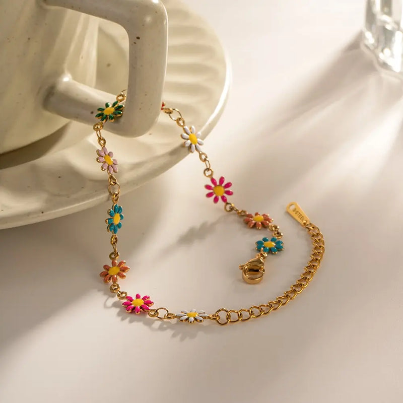 Bunte Daisy Armband für Frauen, vergoldet mit PVD 18K, modischer Schmuck für Verlobung und Hochzeit