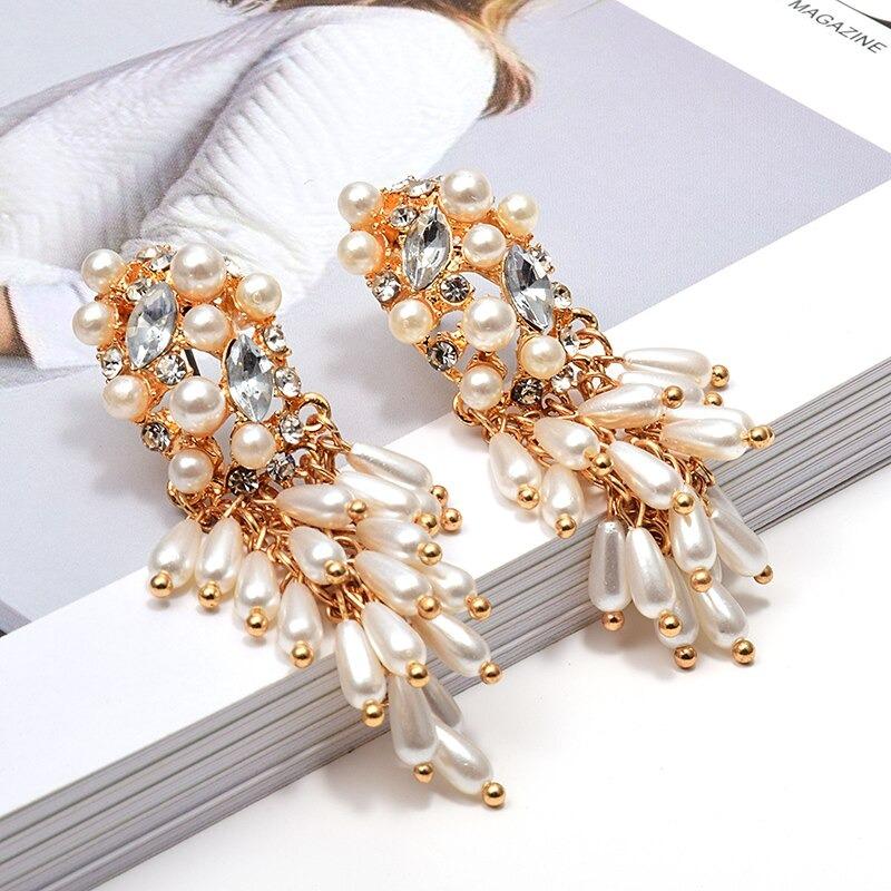 Perl Und Strass Ohrringe Mit Langer Drop Aussage Ohrringe Besetzt