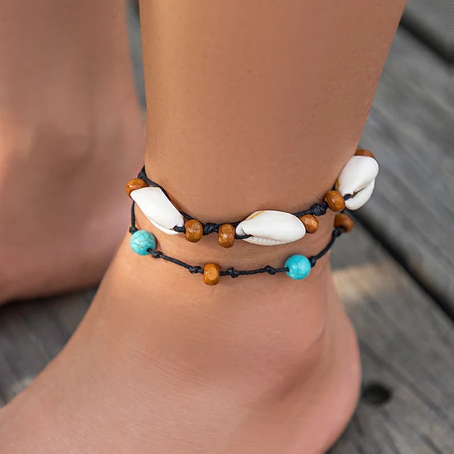 Bohemia Schwarzes Leder Wachslinie Fußkettchen mit kleinem Herzanhänger für Frauen Schmuck Sommer Strand