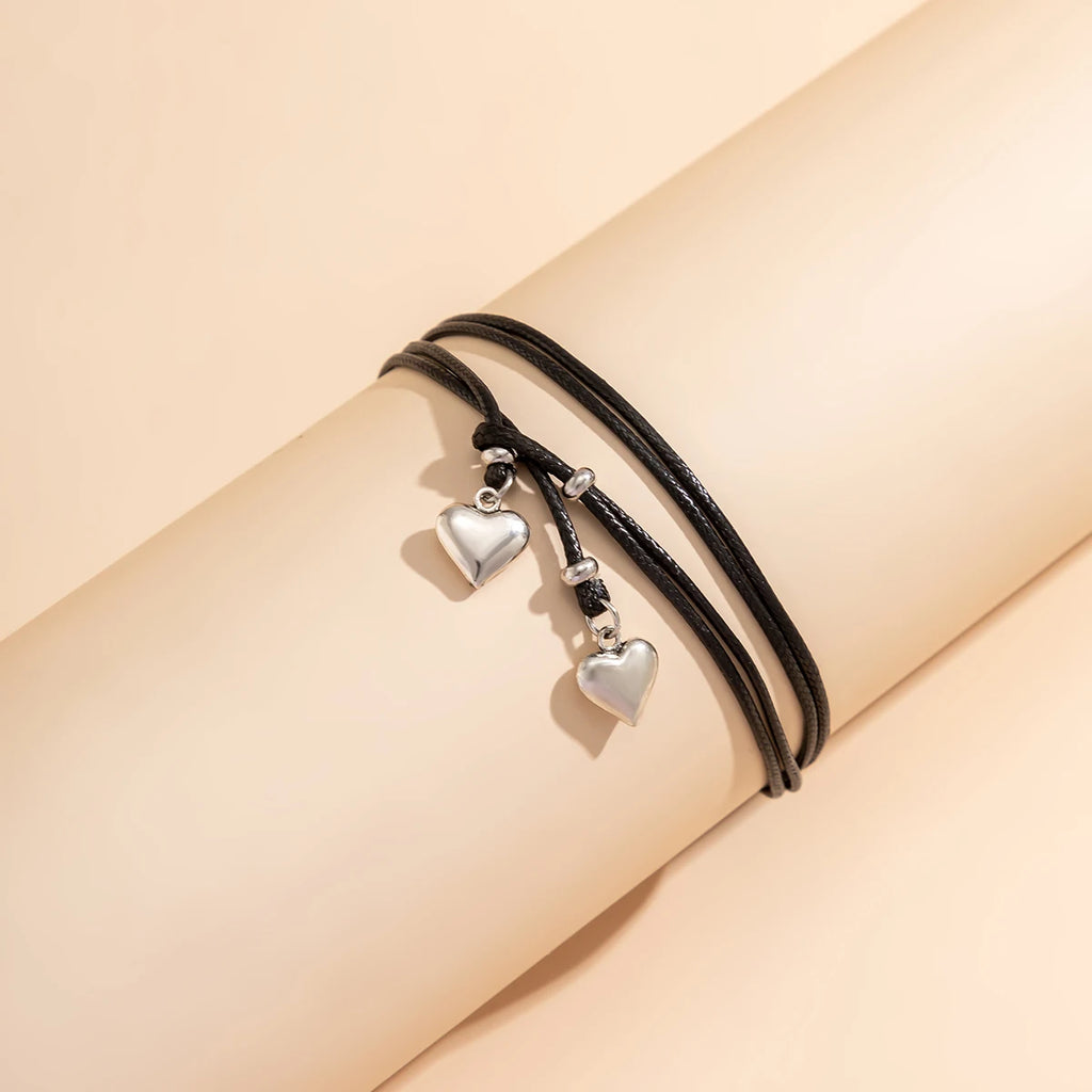 Bohemia Schwarzes Leder Wachslinie Fußkettchen mit kleinem Herzanhänger für Frauen Schmuck Sommer Strand