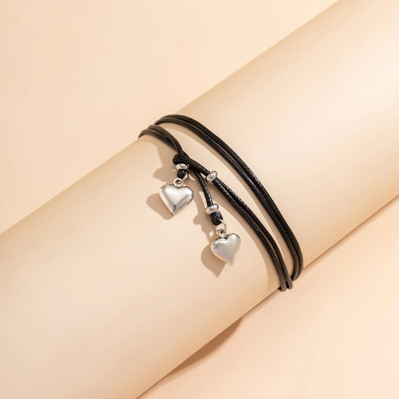 Bohemia Schwarzes Leder Wachslinie Fußkettchen mit kleinem Herzanhänger für Frauen Schmuck Sommer Strand