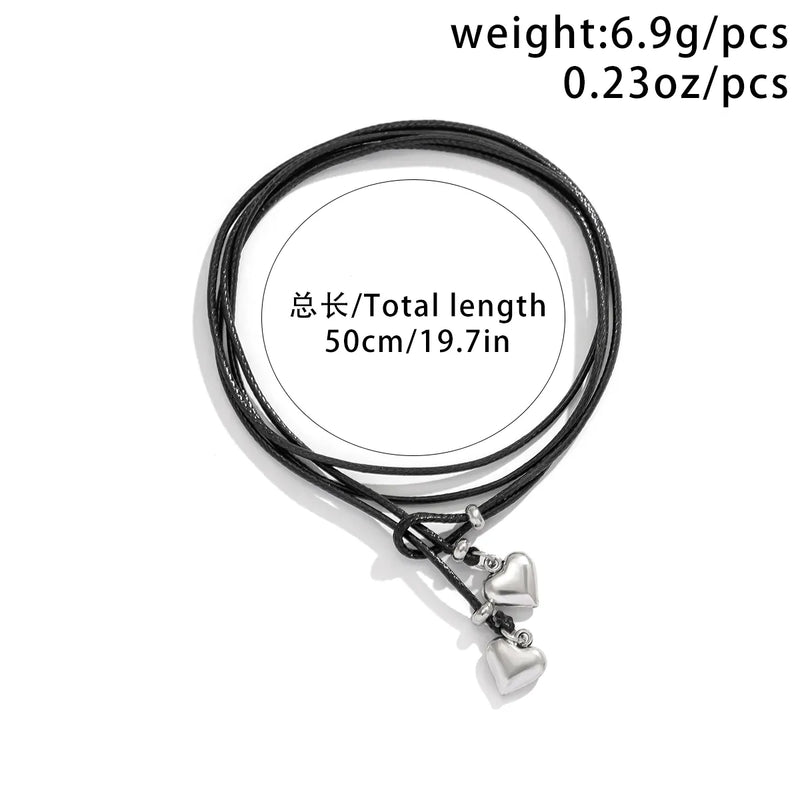 Bohemia Schwarzes Leder Wachslinie Fußkettchen mit kleinem Herzanhänger für Frauen Schmuck Sommer Strand