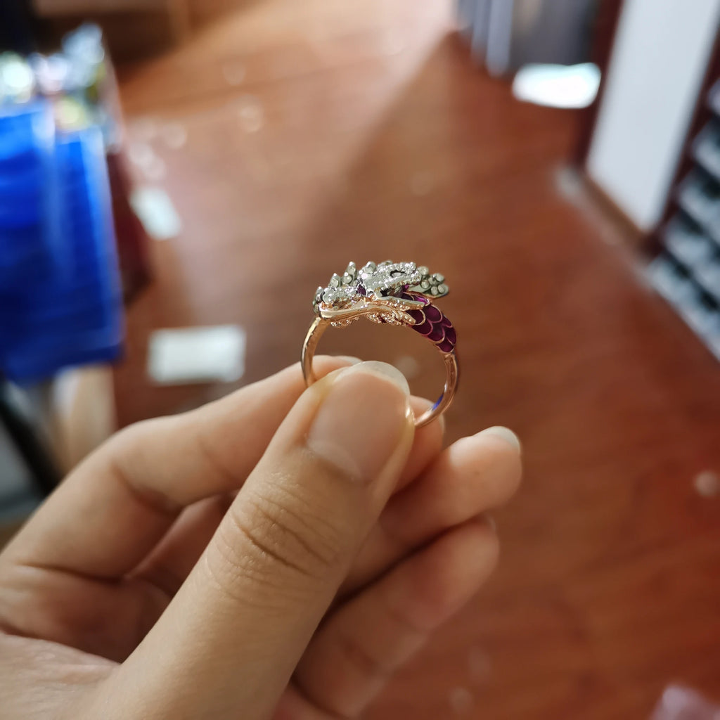 Vintage Drachenring für Frauen | Drachen Kristallringe für Männer | Lila Gold Drache