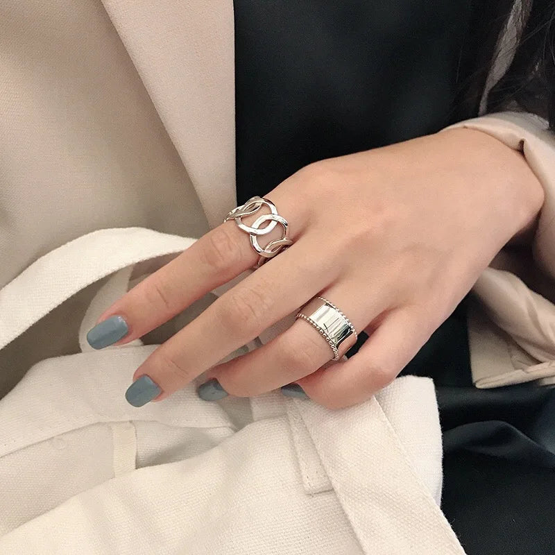 Echte 925 Sterling Silber Fingerringe für Frauen - Trendiger, großer, verstellbarer antiker Ring mit Hohlmuster - Anillos