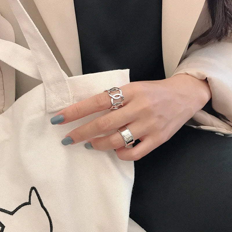 Echte 925 Sterling Silber Fingerringe für Frauen - Trendiger, großer, verstellbarer antiker Ring mit Hohlmuster - Anillos
