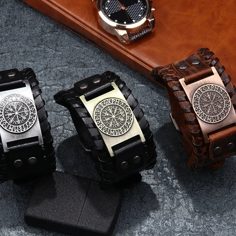 Breites Retro-Piraten-Kompass-Armband aus Leder