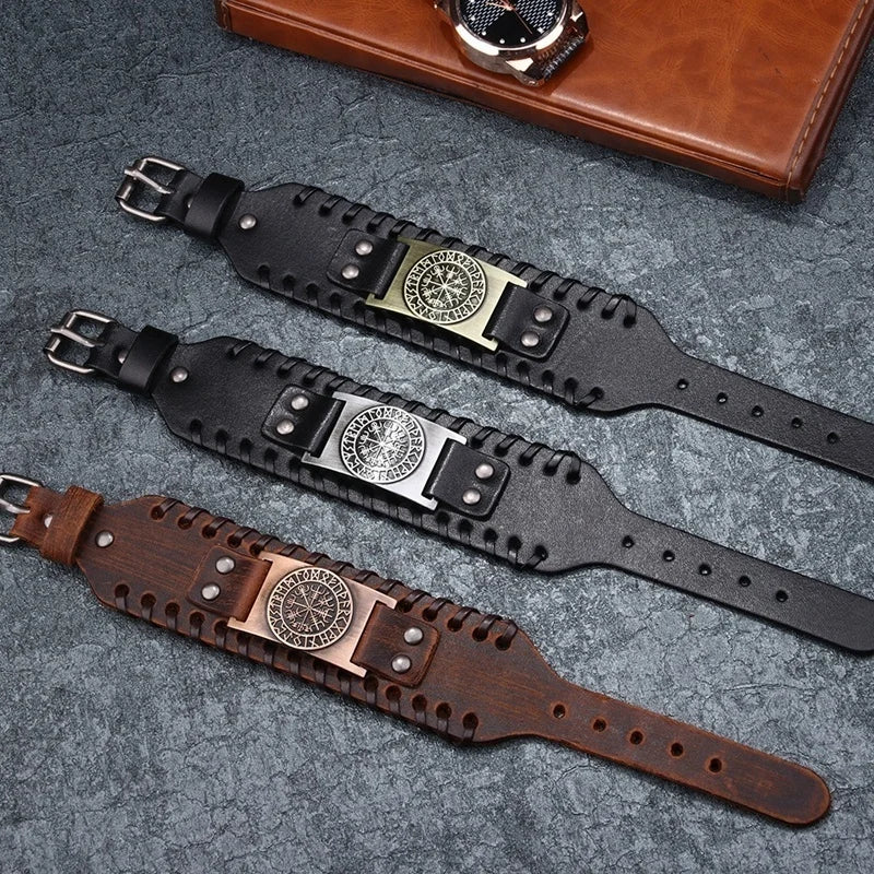 Breites Retro-Piraten-Kompass-Armband aus Leder
