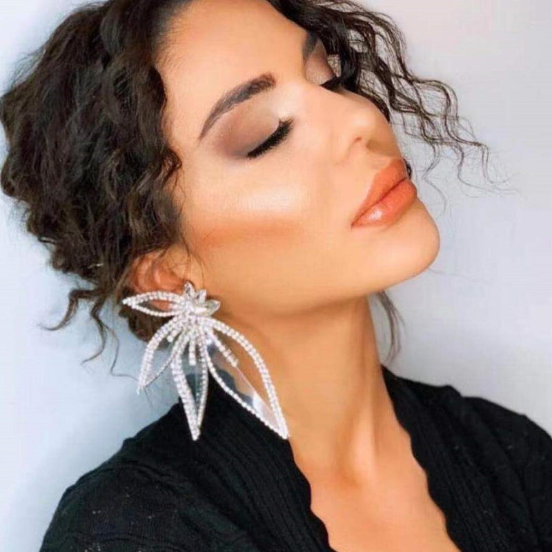 Strasssteine Besetzt Blumenblatt Große Drop Statement Ohrringe