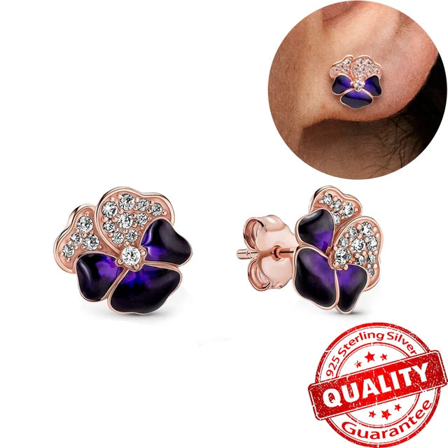 Exquisite Damen Ohrringe in Romantischem Tiefpurpur mit Veilchenblumen, aus 925er Sterlingsilber und Roségold, Geschenk