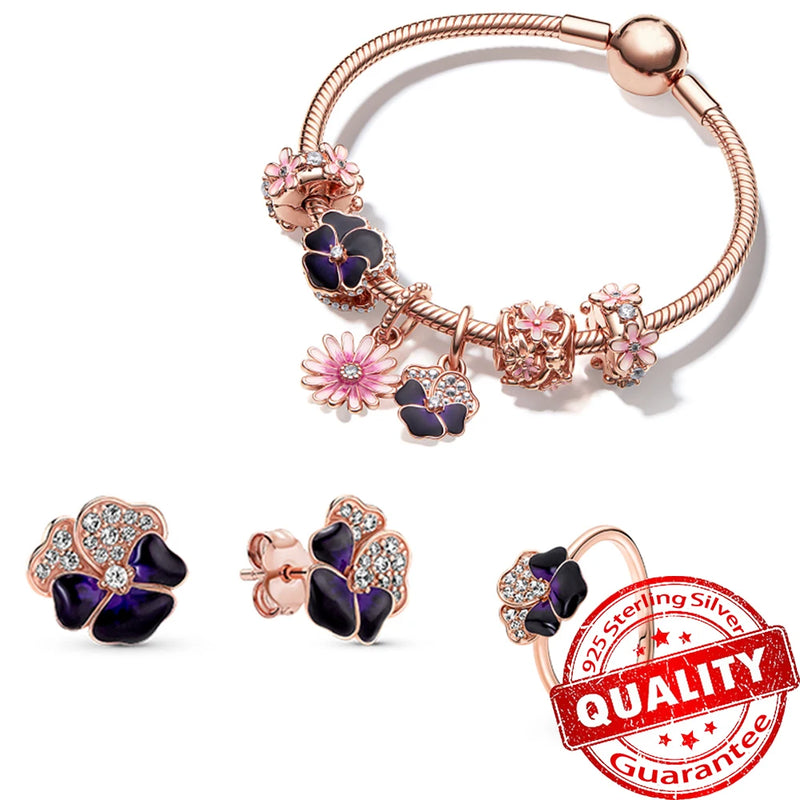 Exquisite Damen Ohrringe in Romantischem Tiefpurpur mit Veilchenblumen, aus 925er Sterlingsilber und Roségold, Geschenk