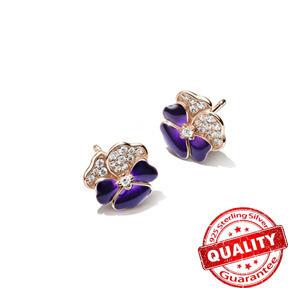 Exquisite Damen Ohrringe in Romantischem Tiefpurpur mit Veilchenblumen, aus 925er Sterlingsilber und Roségold, Geschenk