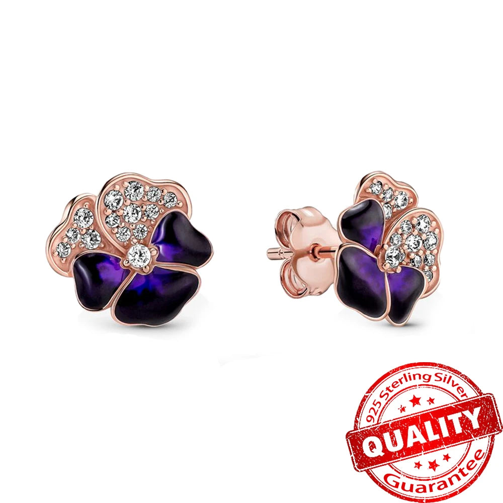 Exquisite Damen Ohrringe in Romantischem Tiefpurpur mit Veilchenblumen, aus 925er Sterlingsilber und Roségold, Geschenk