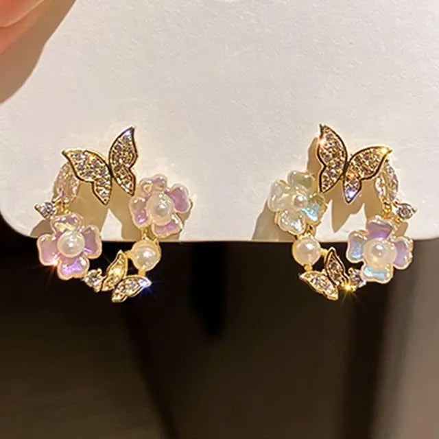 Romantische Zirkonblumenstecker für Frauen Koreanische Kristall süße Schmetterlingsblumen Tulpen exquisiter Ohrring Party Charm Schmuck