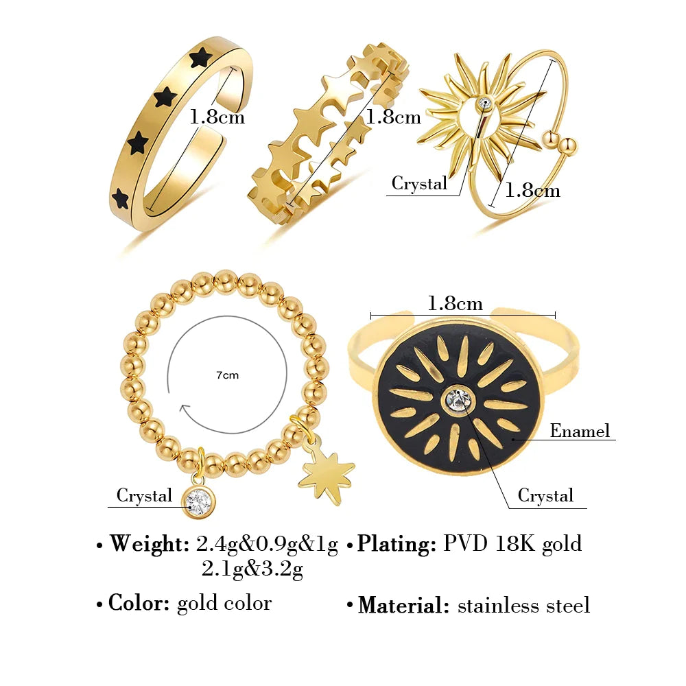 WILD & FREE Trendige Edelstahlringe für Damen, Sterne, Sonne, schicker, exquisiter, 18 Karat vergoldeter, wasserfester Schmuck