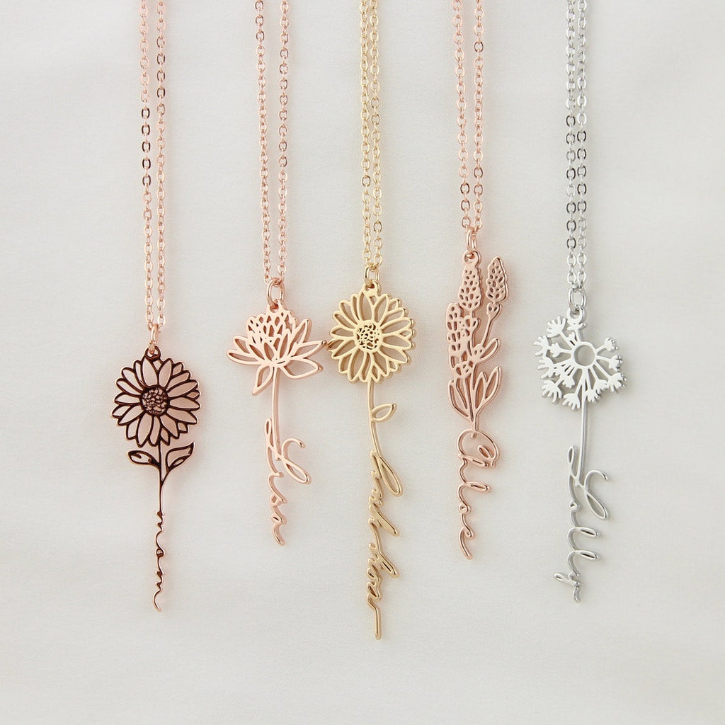 Personalisierte Halskette mit Name und Blume I Namenskette