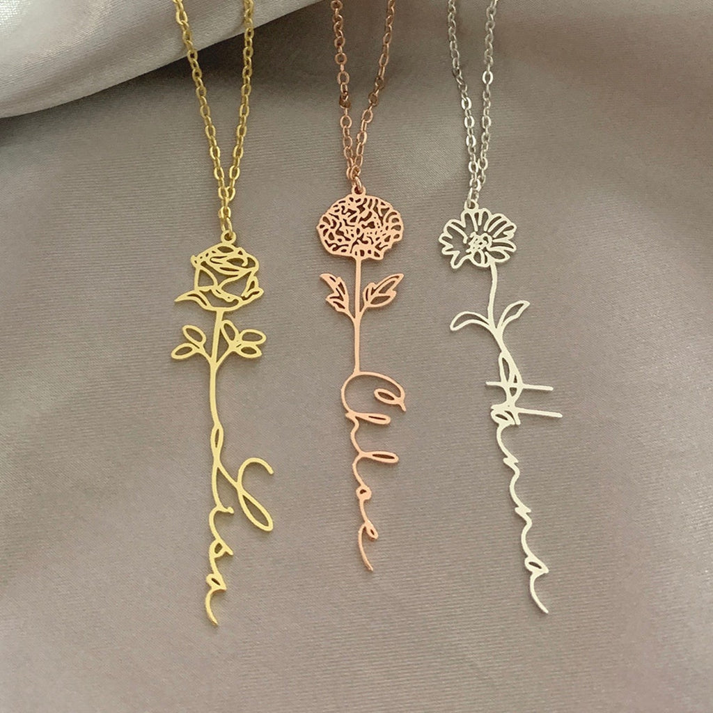 Personalisierte Halskette mit Name und Blume I Namenskette