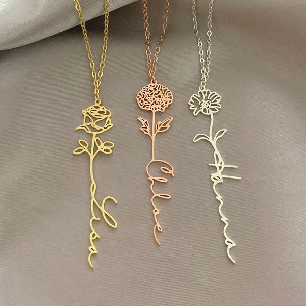 Personalisierte Halskette mit Name und Blume I Namenskette