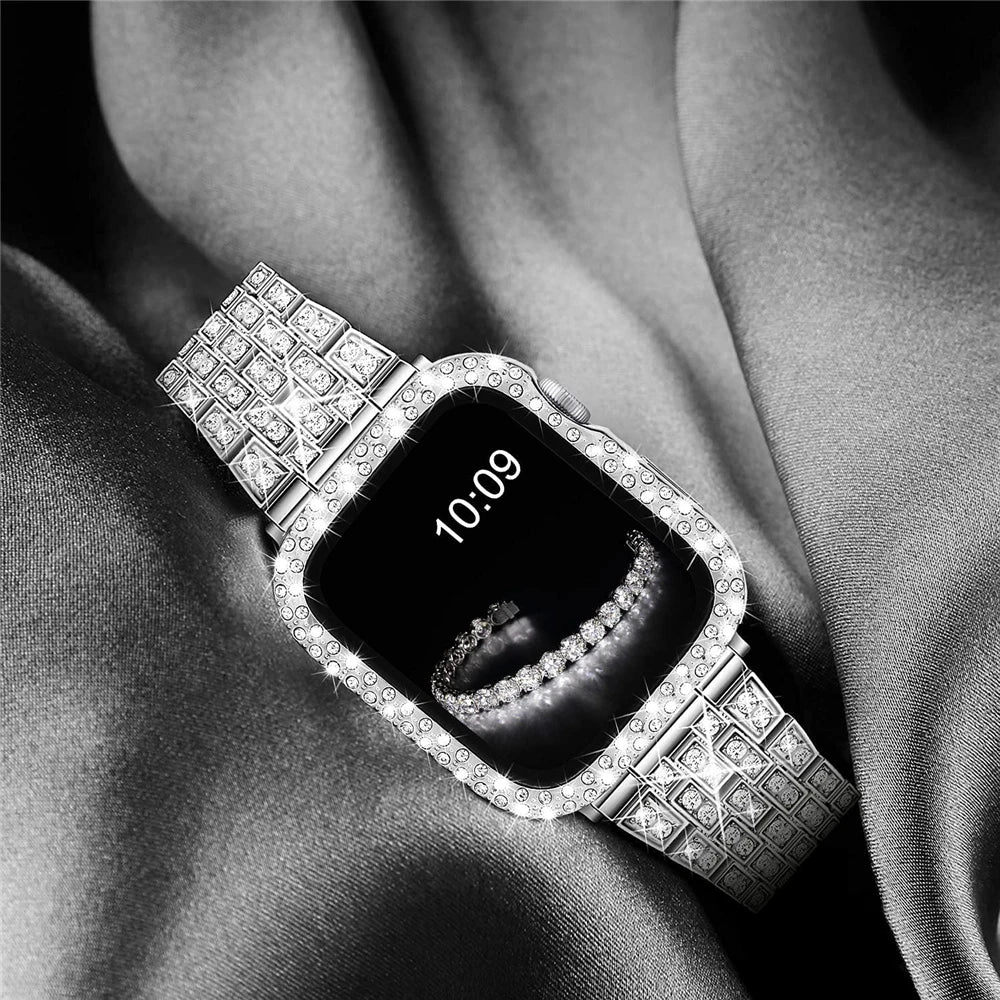 Damen-Diamantgehäuse + Armband für Apple Watch Band 9, 8, 7, 41 mm, 45 mm, 40 mm, 44 mm, Metallarmband für iWatch Series 7 SE, Schmuckabdeckung