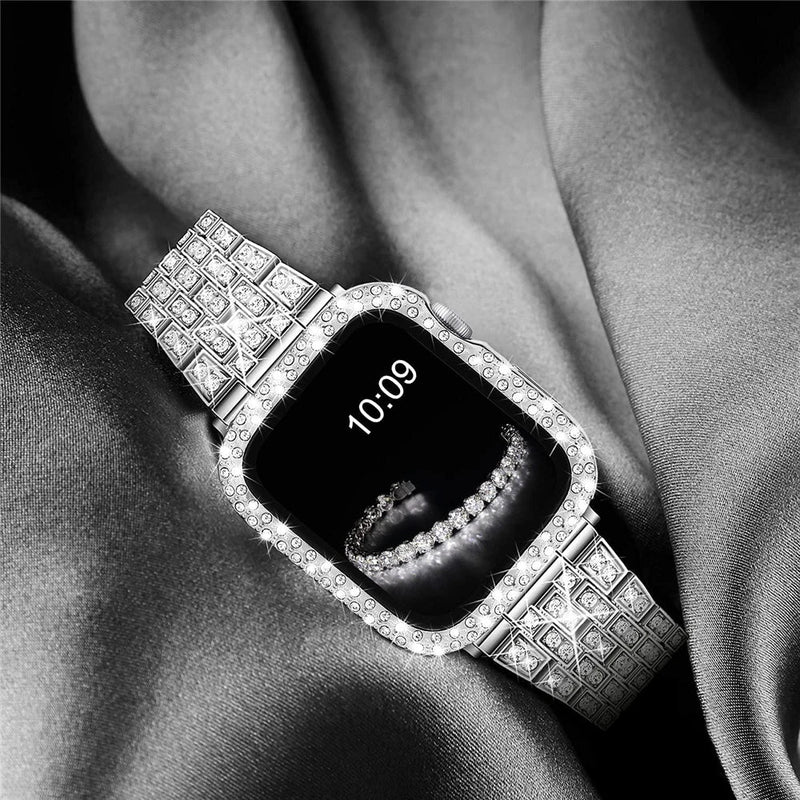 Damen-Diamantgehäuse + Armband für Apple Watch Band 9, 8, 7, 41 mm, 45 mm, 40 mm, 44 mm, Metallarmband für iWatch Series 7 SE, Schmuckabdeckung