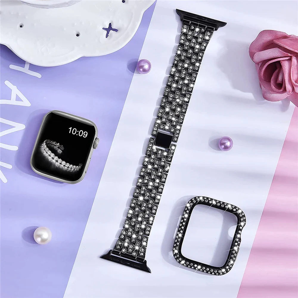 Damen-Diamantgehäuse + Armband für Apple Watch Band 9, 8, 7, 41 mm, 45 mm, 40 mm, 44 mm, Metallarmband für iWatch Series 7 SE, Schmuckabdeckung