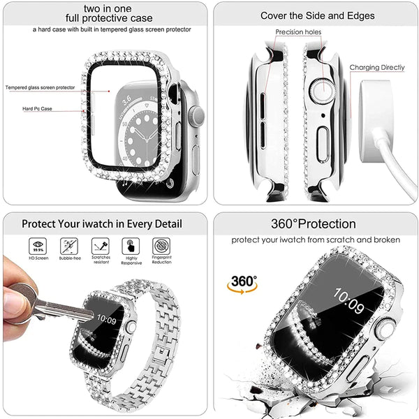 Damen-Diamantgehäuse + Armband für Apple Watch Band 9, 8, 7, 41 mm, 45 mm, 40 mm, 44 mm, Metallarmband für iWatch Series 7 SE, Schmuckabdeckung
