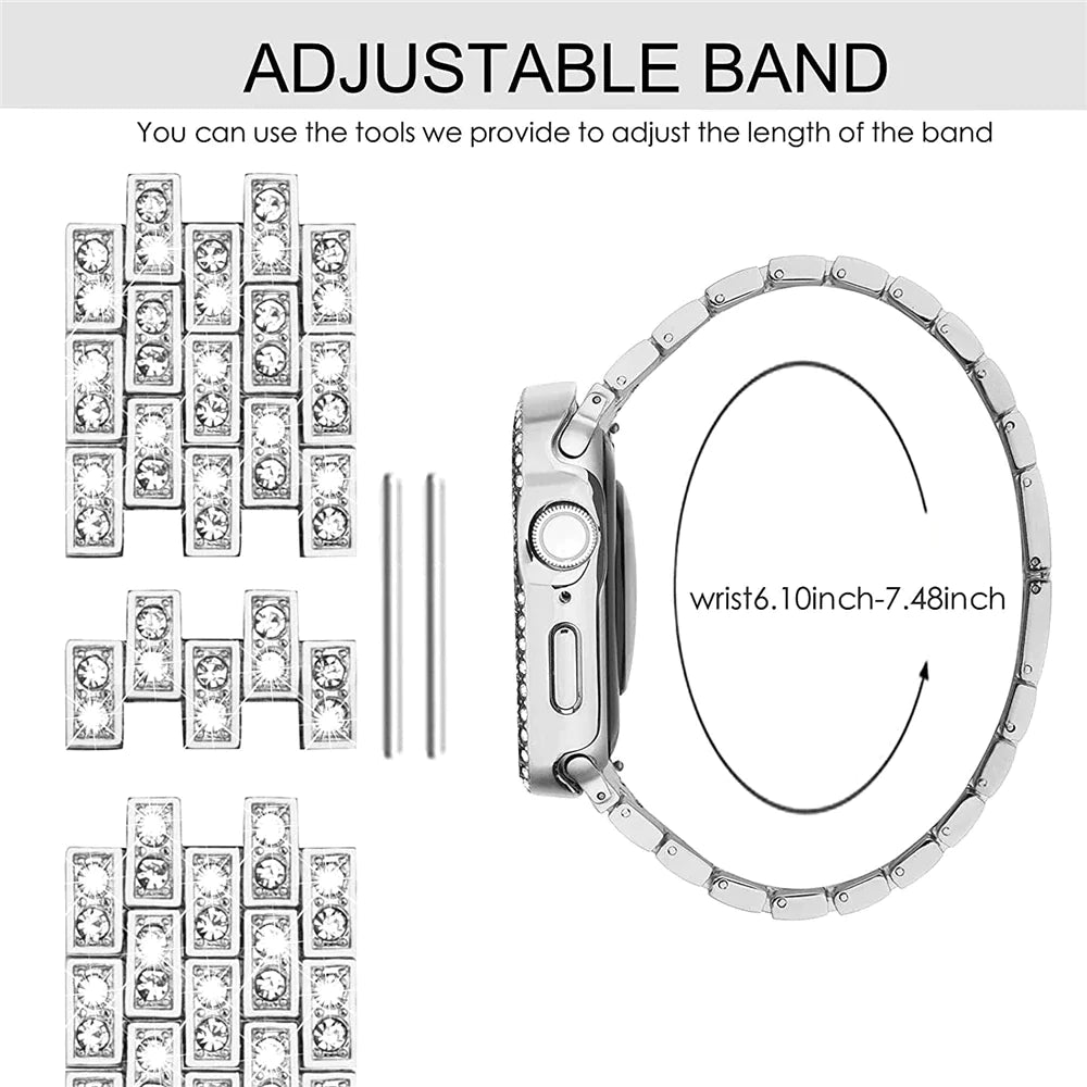 Damen-Diamantgehäuse + Armband für Apple Watch Band 9, 8, 7, 41 mm, 45 mm, 40 mm, 44 mm, Metallarmband für iWatch Series 7 SE, Schmuckabdeckung