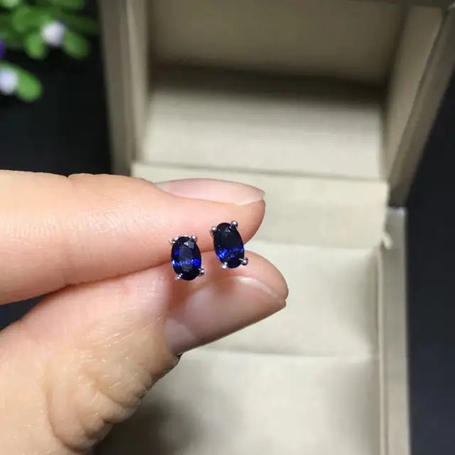 Exquisite S925 Silver Platinum Plated Stud Earrings with Natural Sri Lankan Sapphire