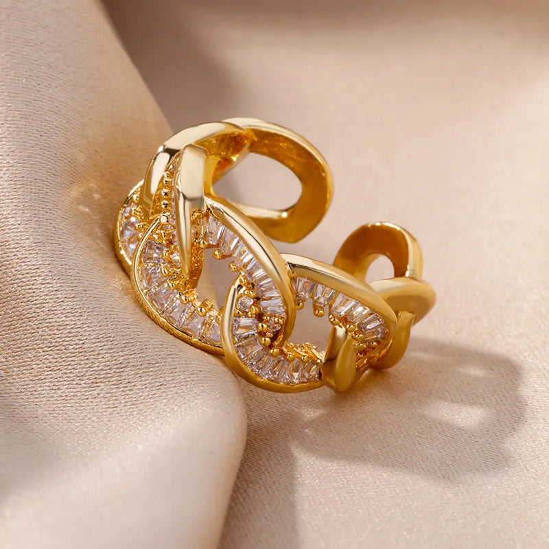 Gold Plated Zircon Adjustable Finger Ring - Trendy Wedding Jewelry