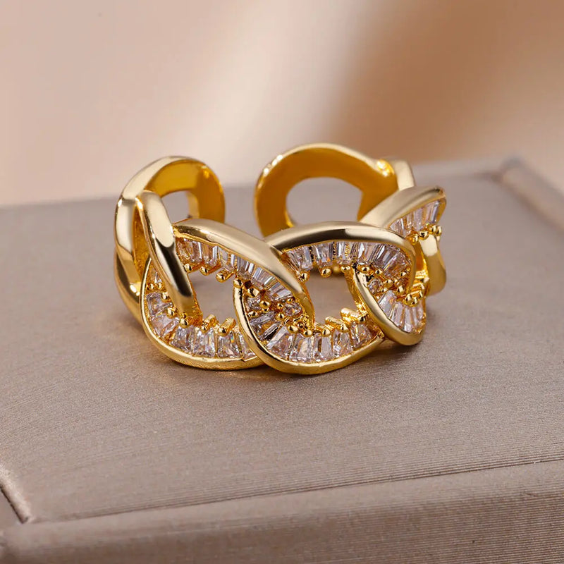 Gold Plated Zircon Adjustable Finger Ring - Trendy Wedding Jewelry
