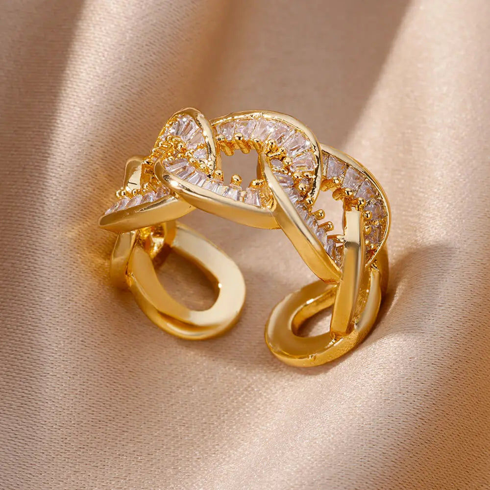 Gold Plated Zircon Adjustable Finger Ring - Trendy Wedding Jewelry