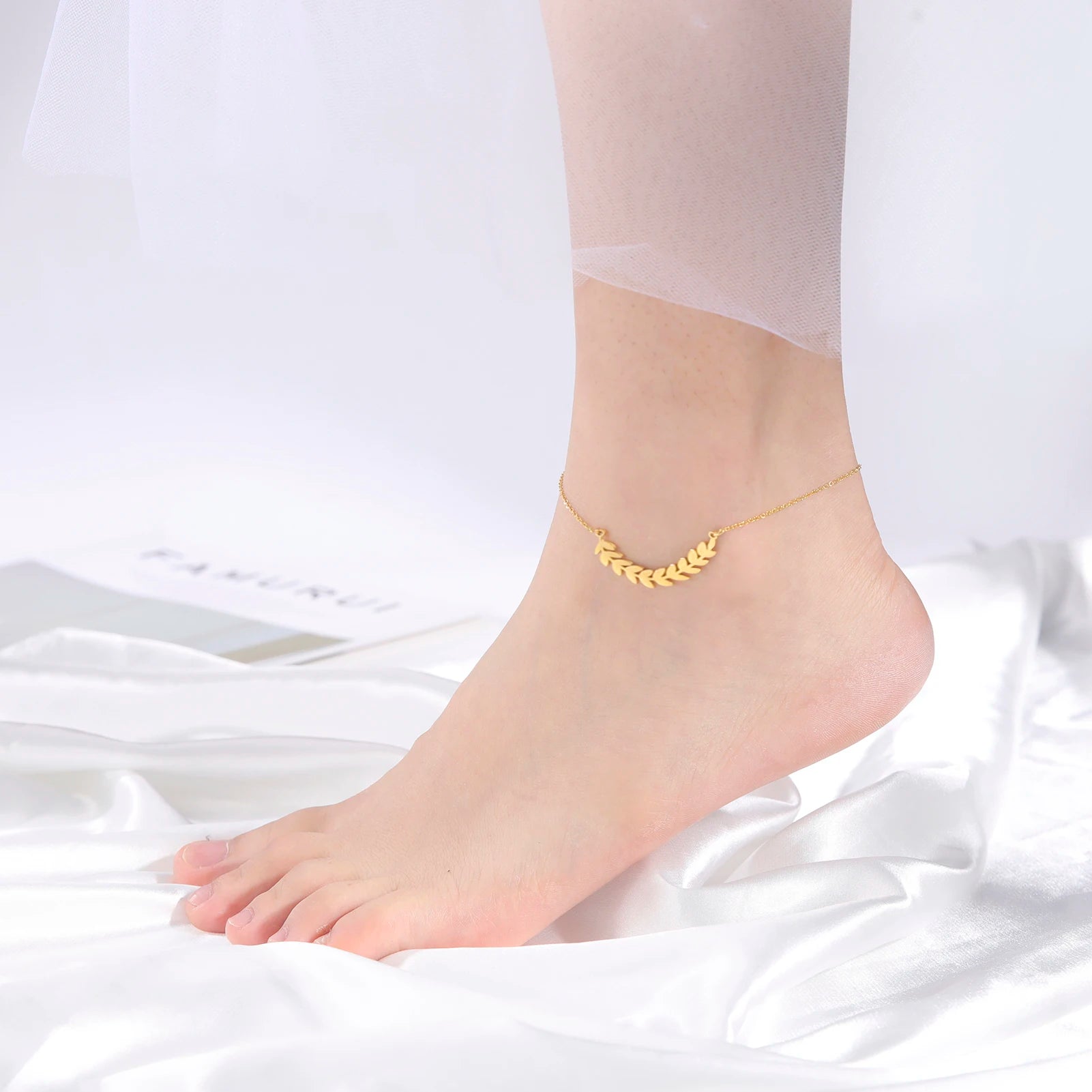 Boho Fußkettchen aus Edelstahl mit Weizenohr-Anhänger - Sommer Schmuck für Frauen