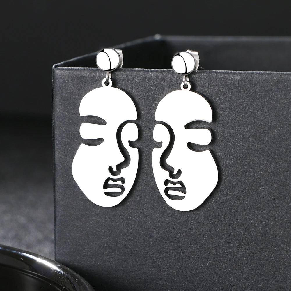 Moderne Edelstahl Ohrhänger | Schmuck Ohrhänger abstraktes Gesicht