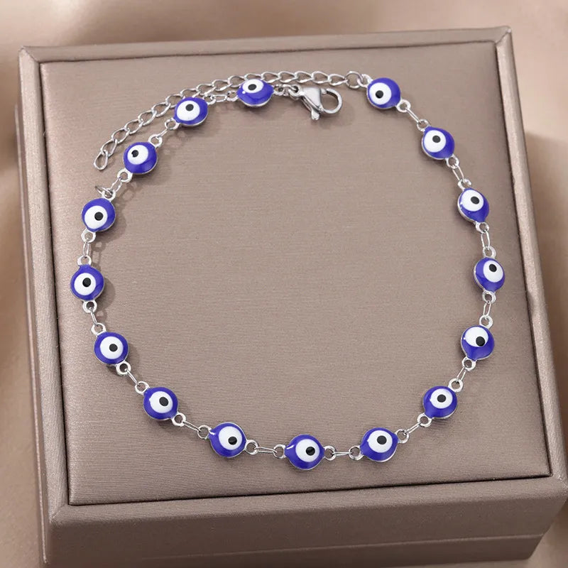 Blauer Evil Eye Fußschmuck aus Edelstahl für Frauen