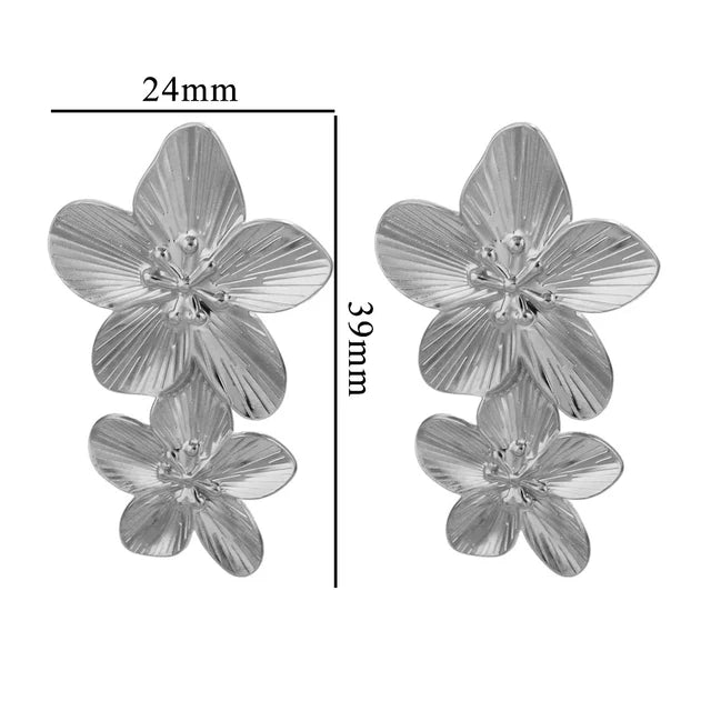 Blumenohrringe aus Edelstahl für Damen - Doppelschichtige Statement-Ohrringe in Goldoptik - Modischer großer Hängeohrring - Party-Schmuck
