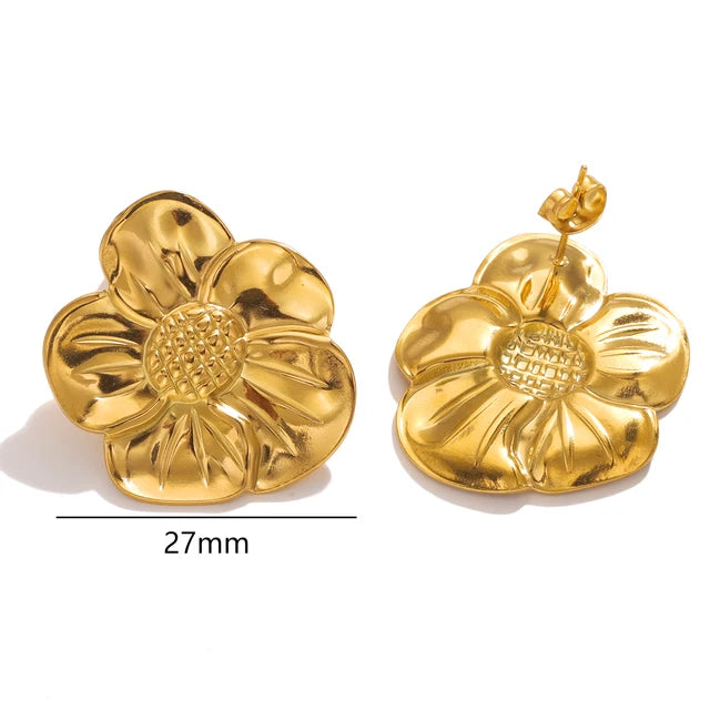 Blumenohrringe aus Edelstahl für Damen - Doppelschichtige Statement-Ohrringe in Goldoptik - Modischer großer Hängeohrring - Party-Schmuck