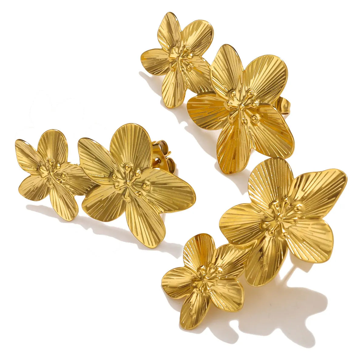 Blumenohrringe aus Edelstahl für Damen - Doppelschichtige Statement-Ohrringe in Goldoptik - Modischer großer Hängeohrring - Party-Schmuck