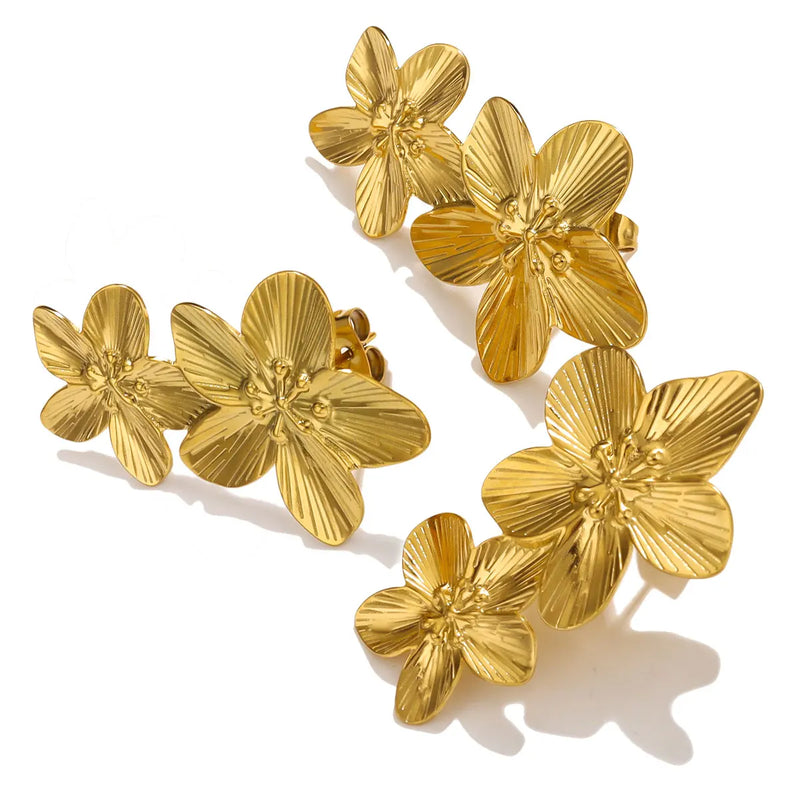 Blumenohrringe aus Edelstahl für Damen - Doppelschichtige Statement-Ohrringe in Goldoptik - Modischer großer Hängeohrring - Party-Schmuck