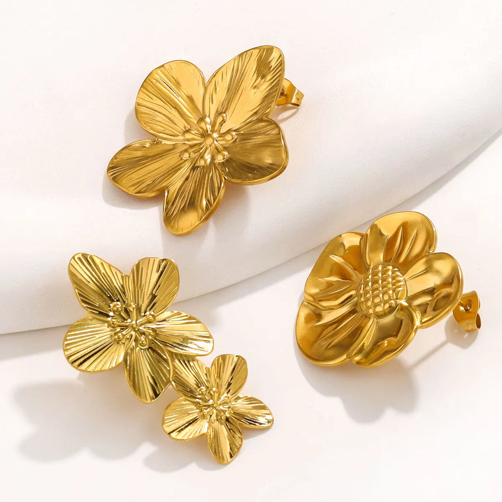 Blumenohrringe aus Edelstahl für Damen - Doppelschichtige Statement-Ohrringe in Goldoptik - Modischer großer Hängeohrring - Party-Schmuck