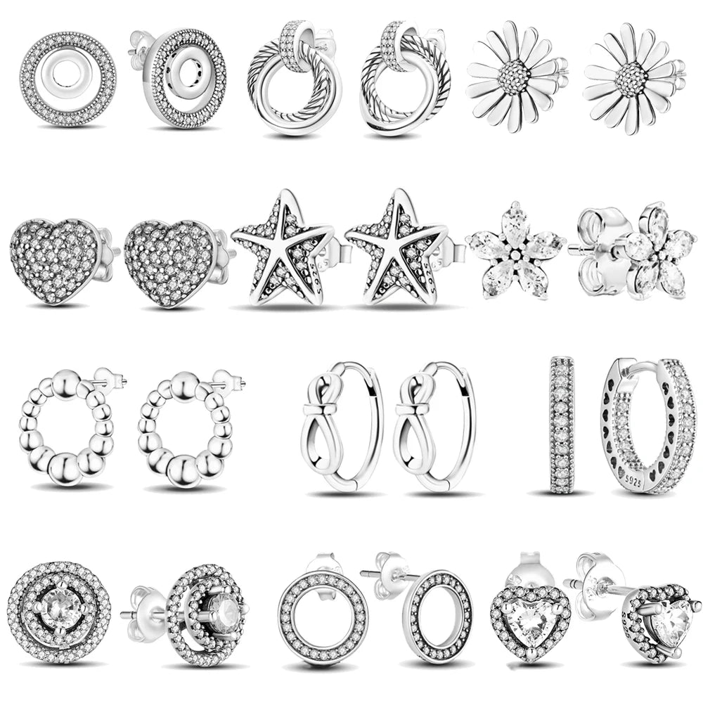 Luxuriöses Silber-Plattiertes Ohrstecker-Set mit kleinen Herzen, Federn und Kronen