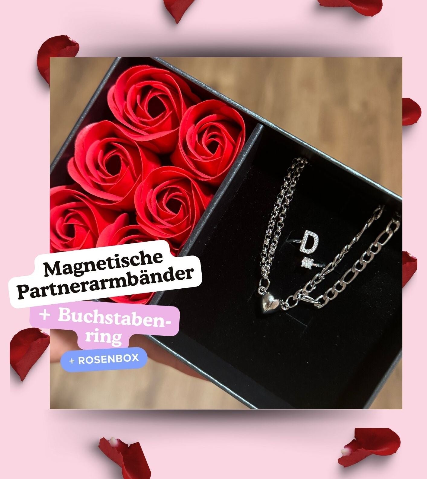 Buchstabenring und Magnetische Partnerarmbänder mit Rosenbox Set I Setpreis