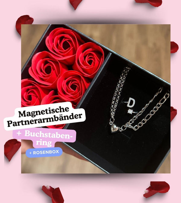 Buchstabenring und Magnetische Partnerarmbänder mit Rosenbox Set I Setpreis