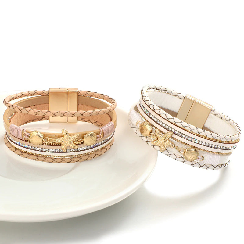 Sommer Mode Seestarfish Und Muschel Charme Vegan Leder Wrap Armbänder