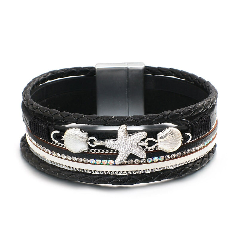 Sommer Mode Seestarfish Und Muschel Charme Vegan Leder Wrap Armbänder