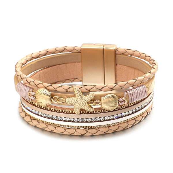 Sommer Mode Seestarfish Und Muschel Charme Vegan Leder Wrap Armbänder