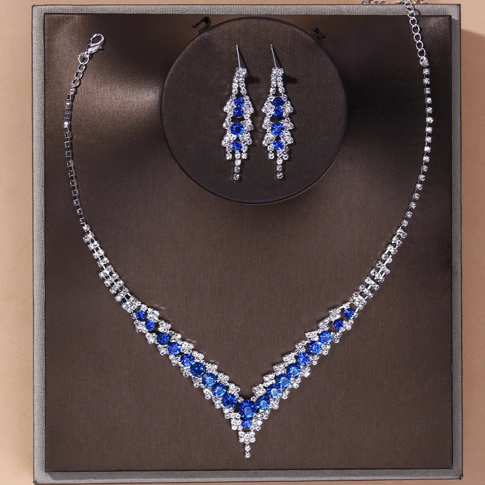 Elegantes blaues Strass-Kristall-Hochzeitsschmuck-Set für Frauen, versilbertes V-förmiges Choker-Halskette-Ohrring-Set