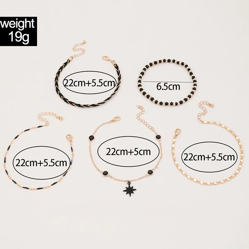Bohemian Woven Rope Fußkettchen-Set mit geometrischen schwarzen Perlen und Tropfenöl