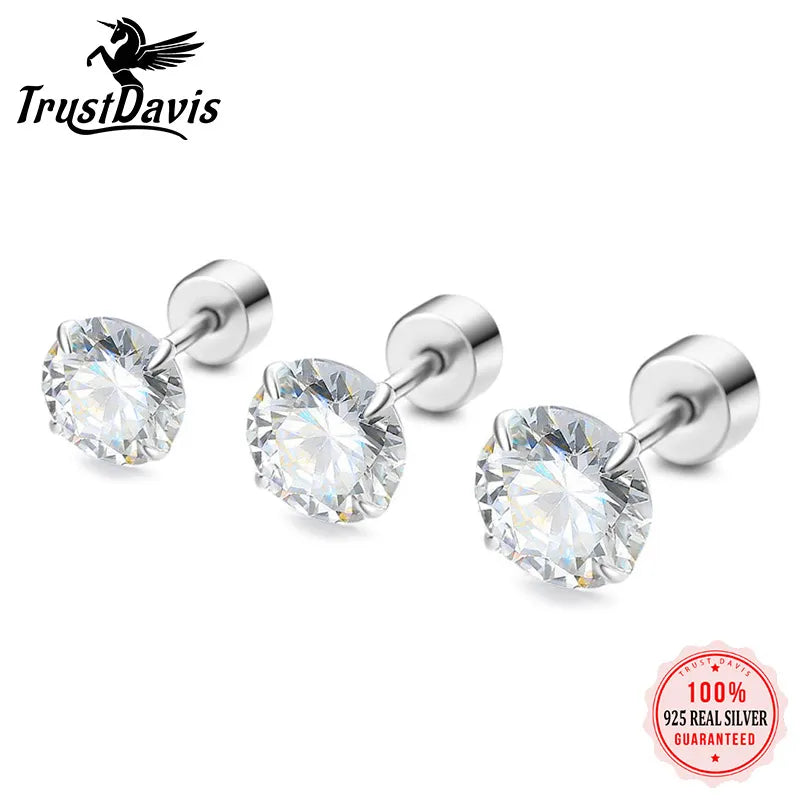 Echte 925 Sterling TrustDavis Mode Zirkon Schraubstecker Ohrringe für Sterling Silber Schmuck