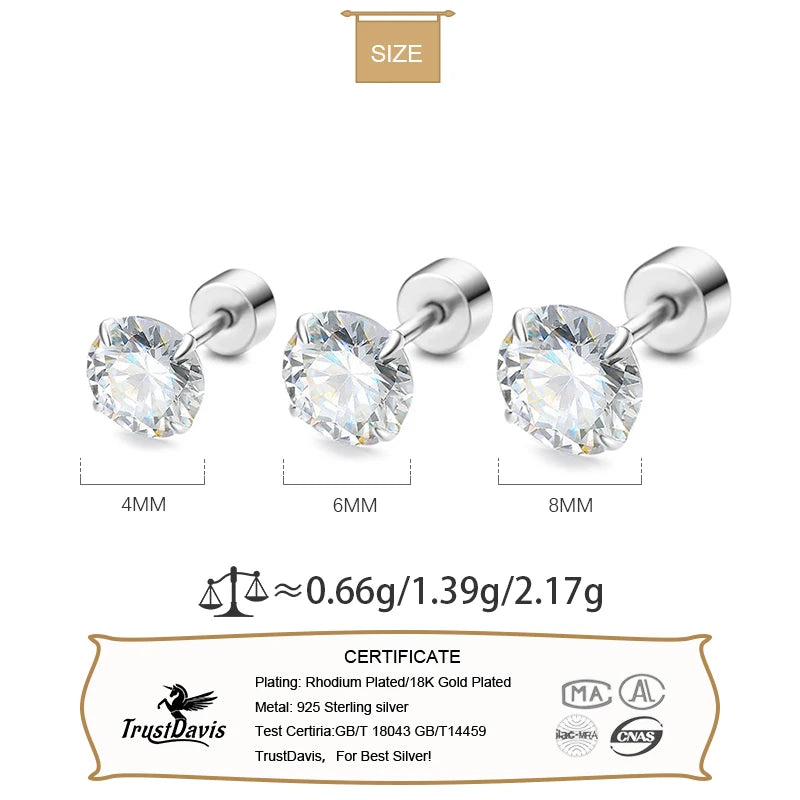 Echte 925 Sterling TrustDavis Mode Zirkon Schraubstecker Ohrringe für Sterling Silber Schmuck
