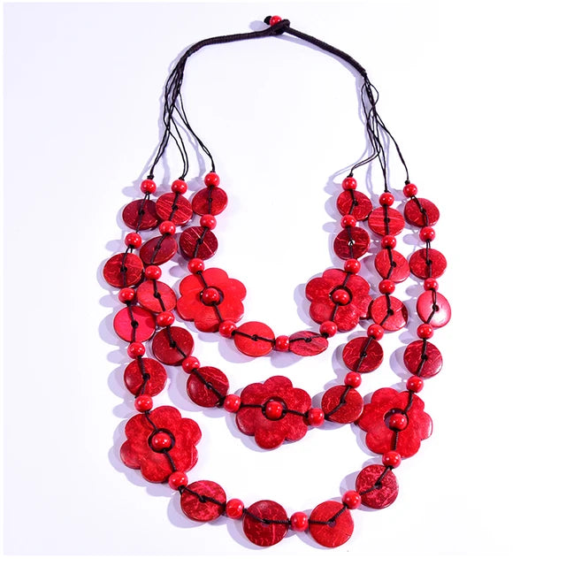 Bohemian Maxi Halskette für Frauen Party Schmuck Mehrschichtige Holzquaste Anhänger Statement Choker Blumenkette Kragen